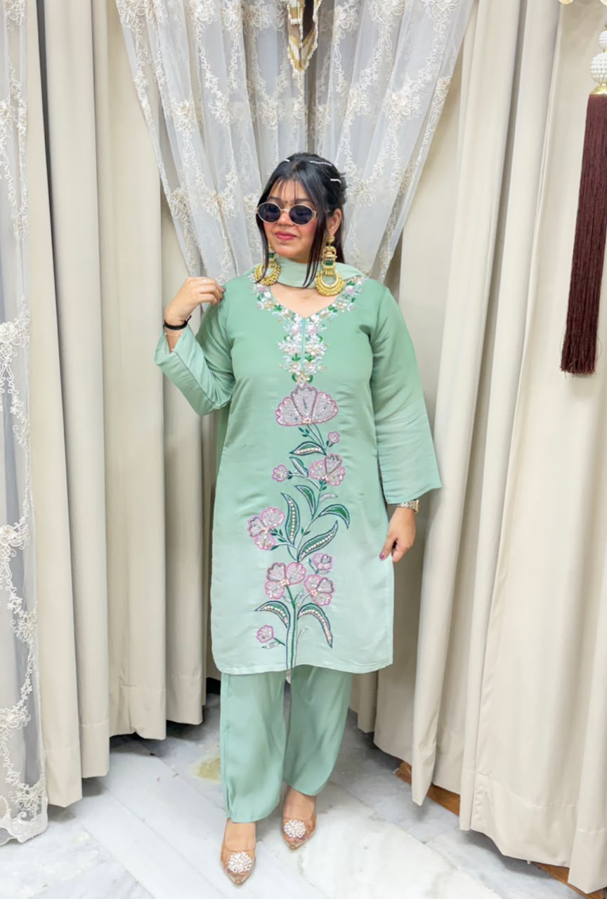 Designer ISHQ Suit Set - Double Shade Cotton Silk with Jewellery Work