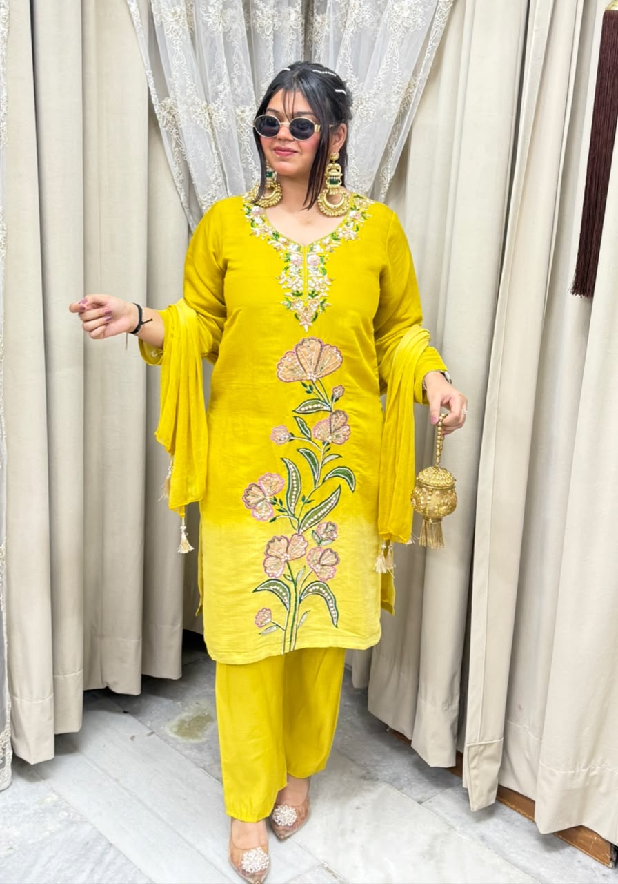 Designer ISHQ Suit Set - Double Shade Cotton Silk with Jewellery Work