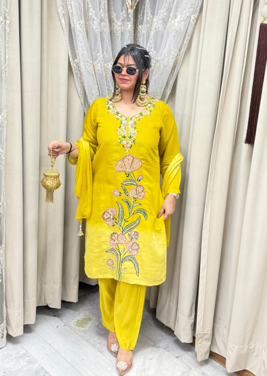 Designer ISHQ Suit Set - Double Shade Cotton Silk with Jewellery Work