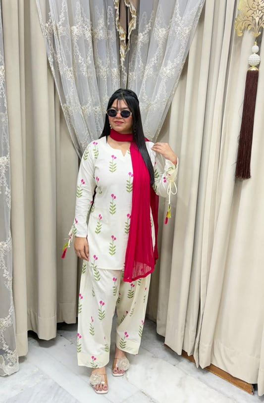 Viral Cherry Floral Print Cotton Farshi Suit Set with Dupatta