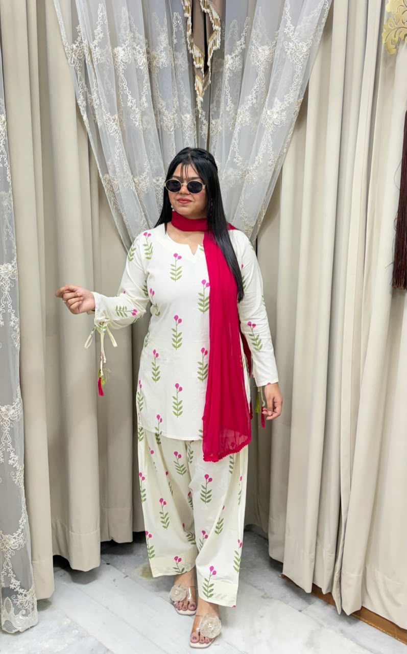 Viral Cherry Floral Print Cotton Farshi Suit Set with Dupatta