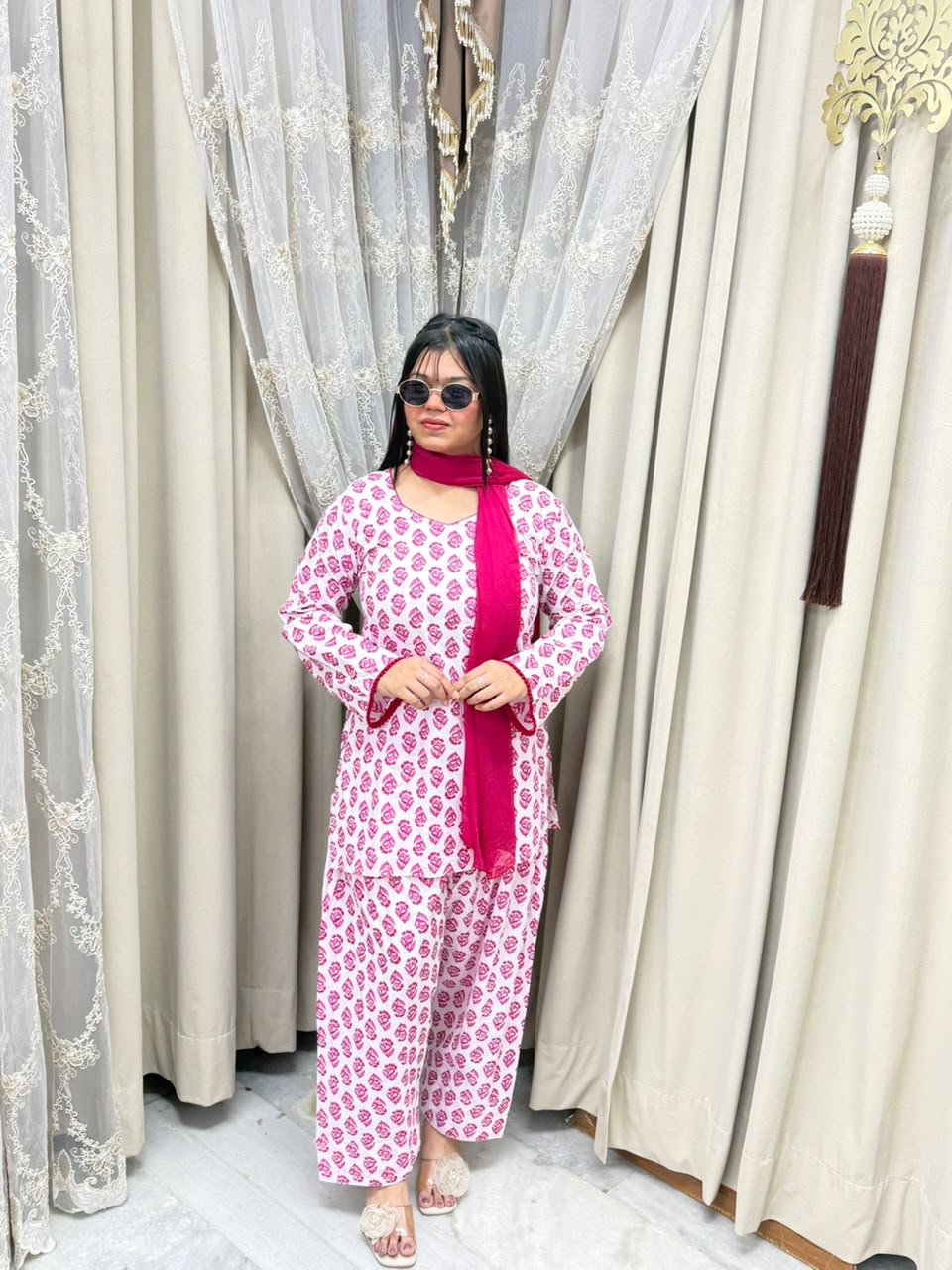 Viral Pink Block Print Cotton Farshi Suit Set with Back Tie-Up