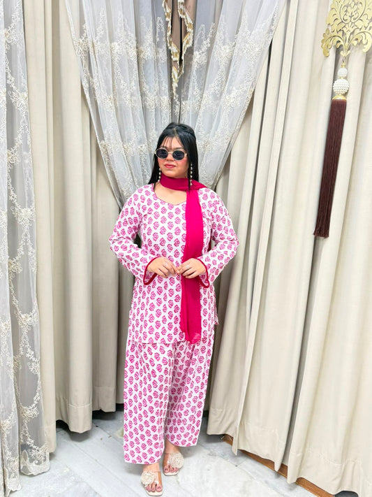 Viral Pink Block Print Cotton Farshi Suit Set with Back Tie-Up