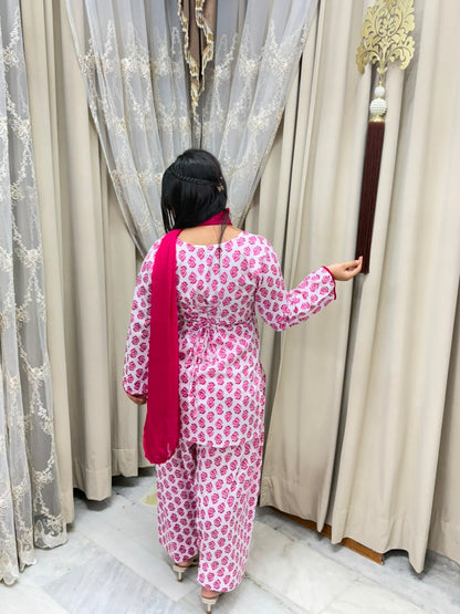 Viral Pink Block Print Cotton Farshi Suit Set with Back Tie-Up