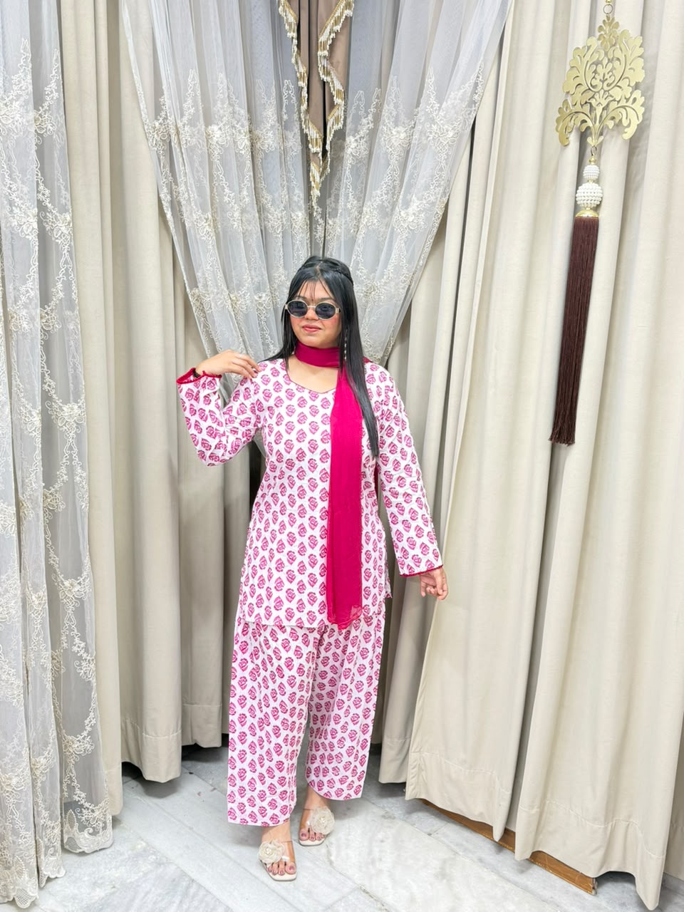 Viral Pink Block Print Cotton Farshi Suit Set with Back Tie-Up