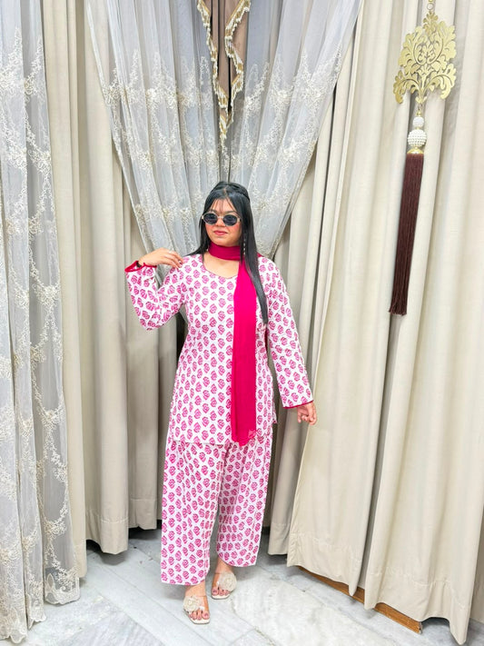 Viral Pink Block Print Cotton Farshi Suit Set with Back Tie-Up