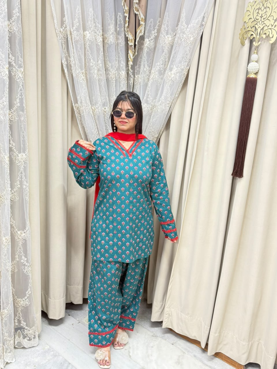 Pinterest Trending Green Printed Cotton Farshi Suit Set with Lace Details