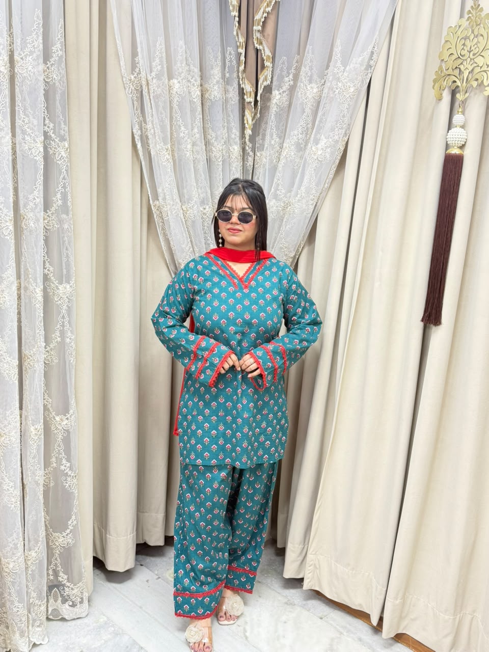 Pinterest Trending Green Printed Cotton Farshi Suit Set with Lace Details