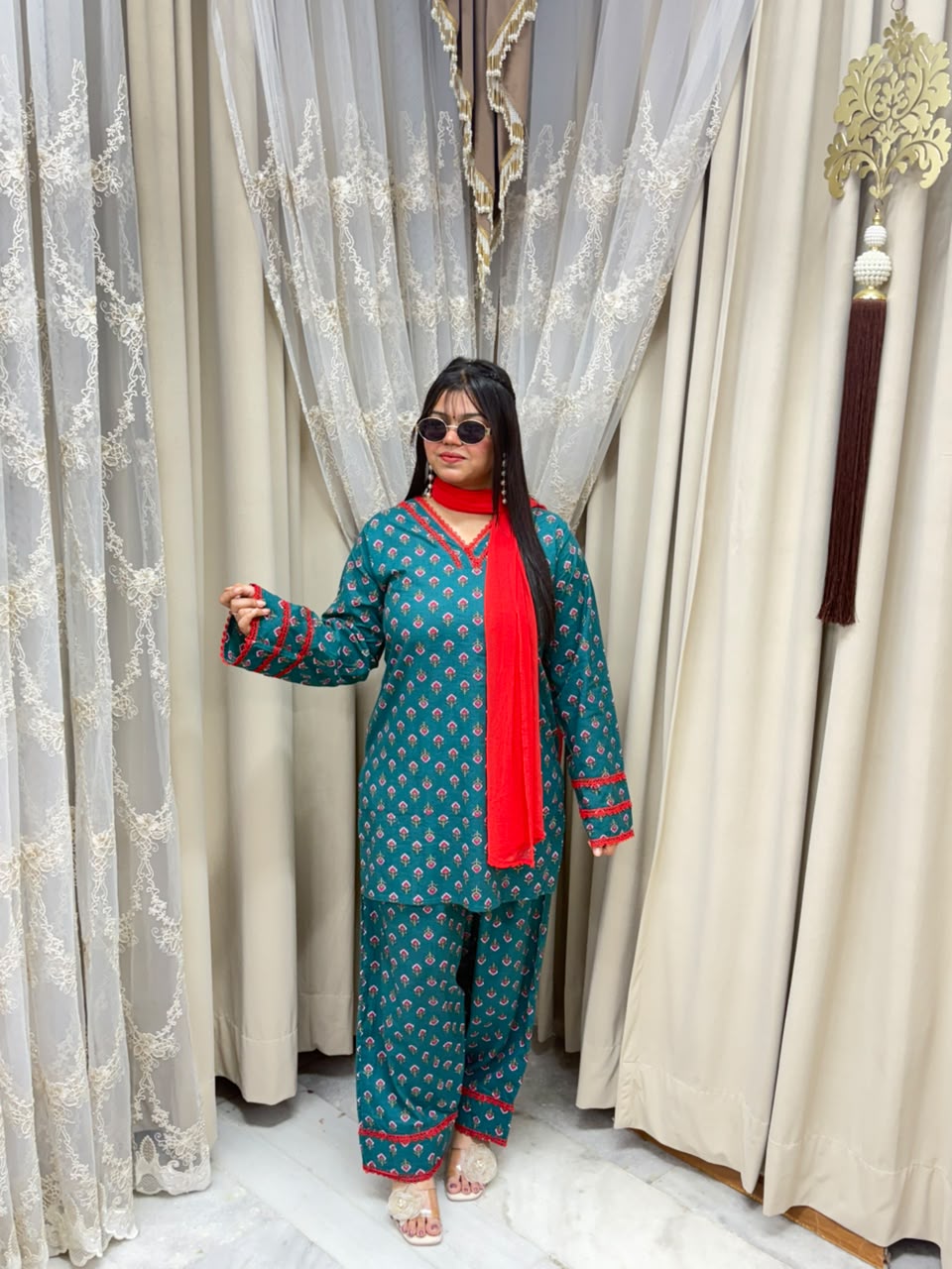 Pinterest Trending Green Printed Cotton Farshi Suit Set with Lace Details