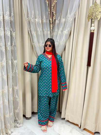 Pinterest Trending Green Printed Cotton Farshi Suit Set with Lace Details