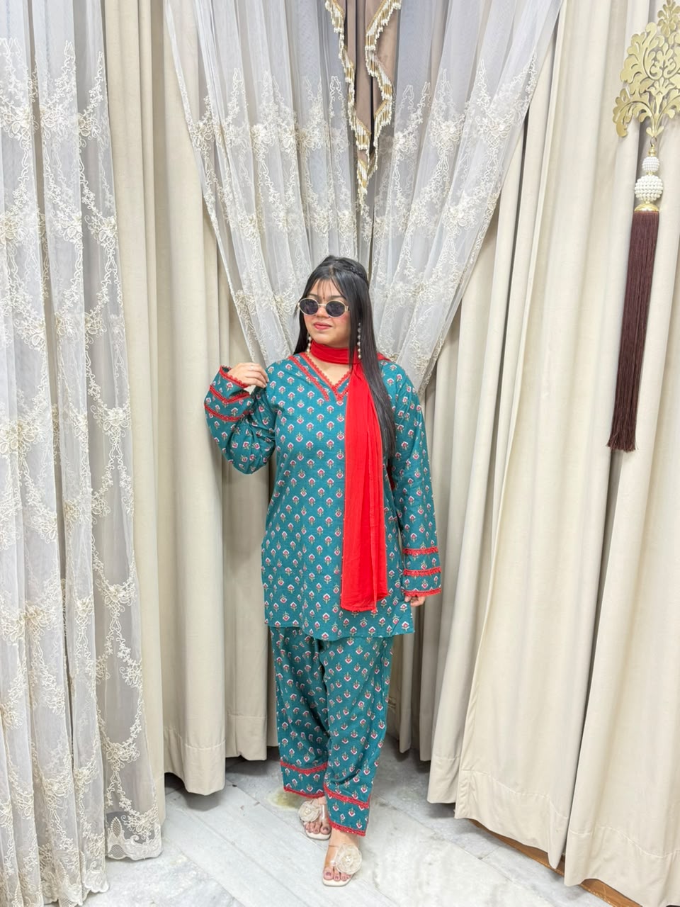 Pinterest Trending Green Printed Cotton Farshi Suit Set with Lace Details