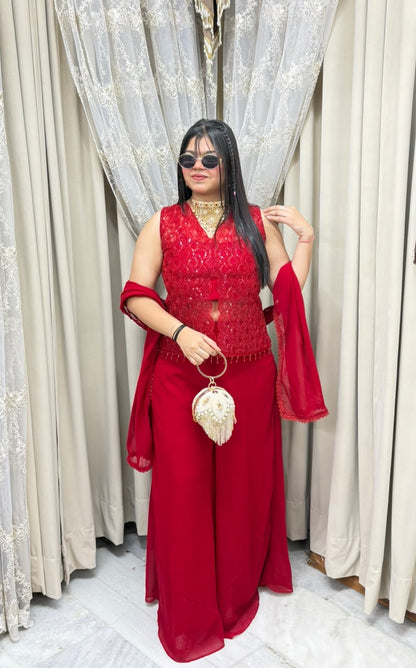Designer Georgette Handwork Red Dress with Jacket & Flared Bottoms