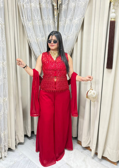 Designer Georgette Handwork Red Dress with Jacket & Flared Bottoms