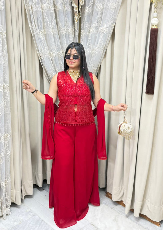 Designer Georgette Handwork Red Dress with Jacket & Flared Bottoms