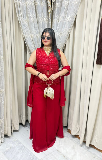 Designer Georgette Handwork Red Dress with Jacket & Flared Bottoms