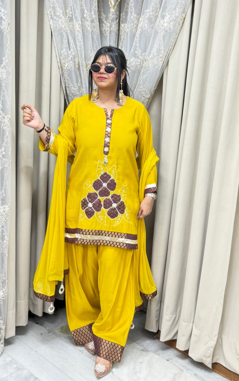 Designer ROSE Farshi Suit Set with Applique Embroidery