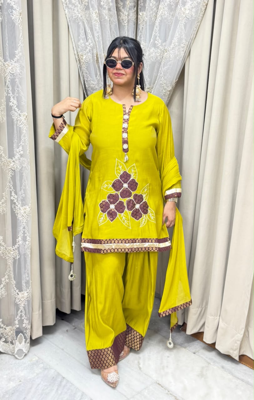 Designer ROSE Farshi Suit Set with Applique Embroidery