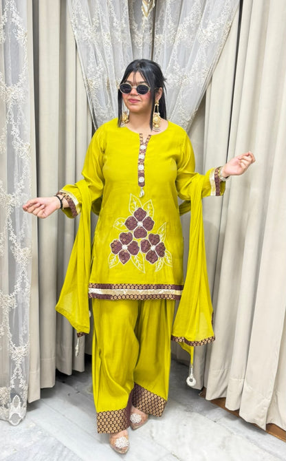 Designer ROSE Farshi Suit Set with Applique Embroidery