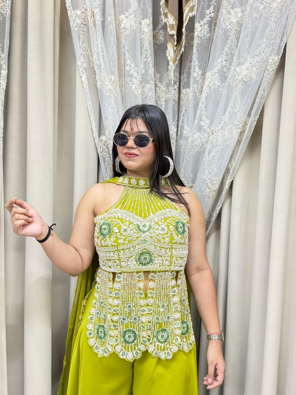 Premium Designer Heavy Handwork Halter Neck Indo-Western Set - Lime Green