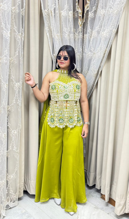 Premium Designer Heavy Handwork Halter Neck Indo-Western Set - Lime Green