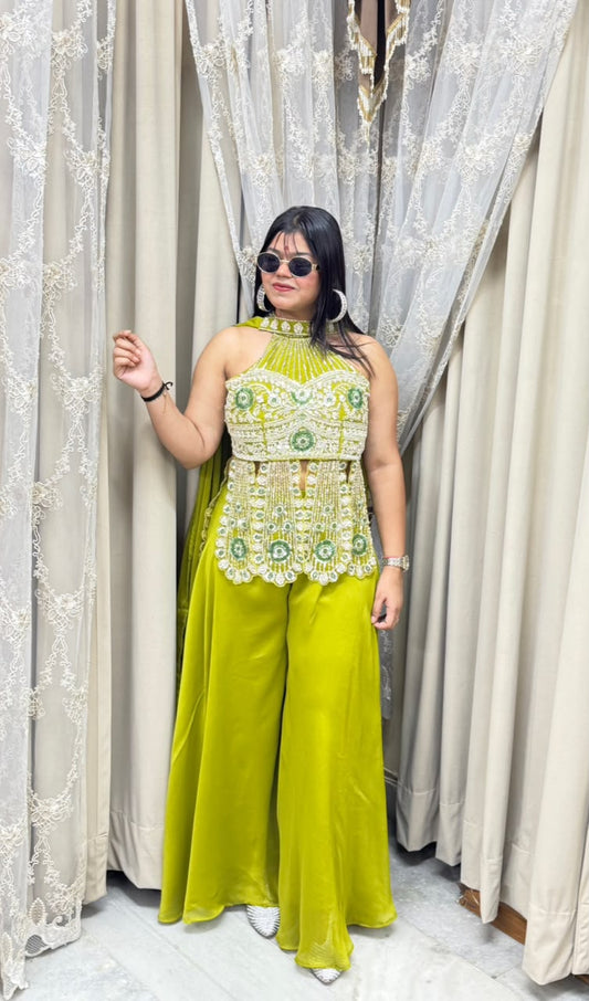 Premium Designer Heavy Handwork Halter Neck Indo-Western Set - Lime Green