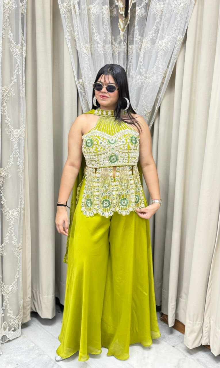 Premium Designer Heavy Handwork Halter Neck Indo-Western Set - Lime Green