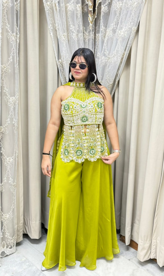 Premium Designer Heavy Handwork Halter Neck Indo-Western Set - Lime Green