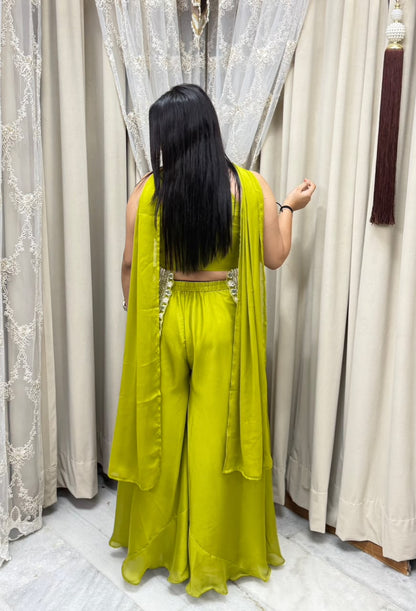 Premium Designer Heavy Handwork Halter Neck Indo-Western Set - Lime Green
