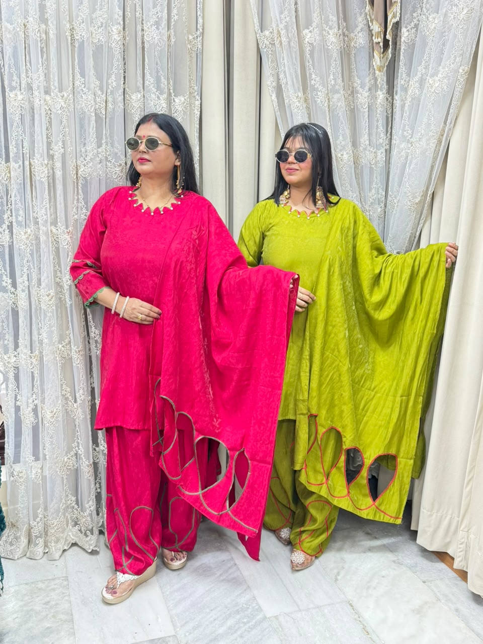 Designer Solid Cutwork Cotton Silk Farshi Suit Set with Dupatta