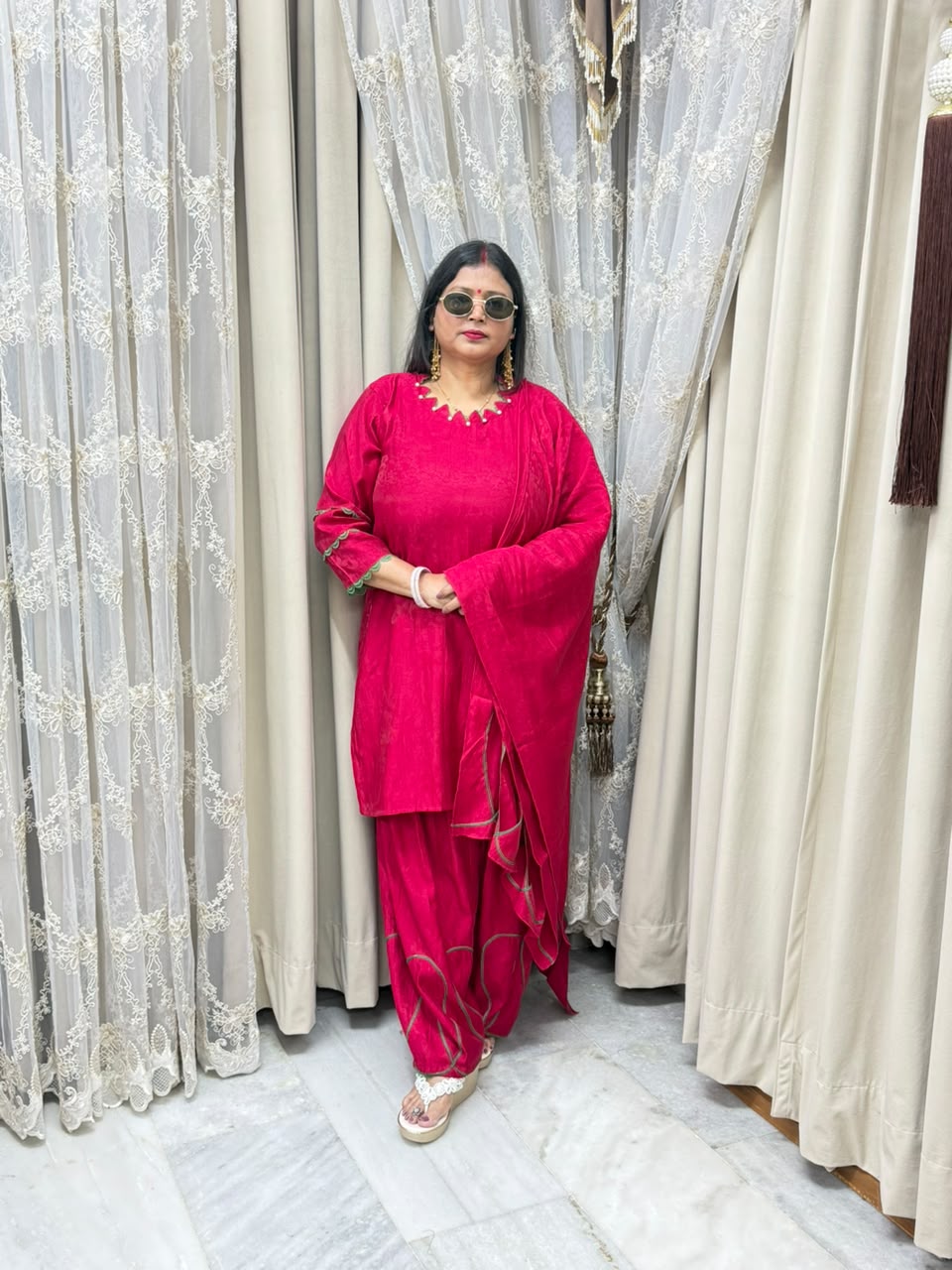Designer Solid Cutwork Cotton Silk Farshi Suit Set with Dupatta