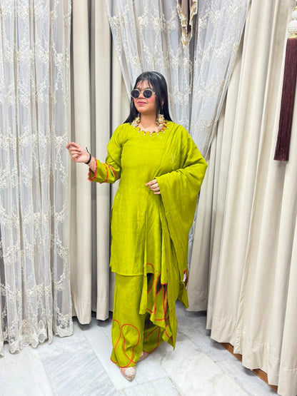 Designer Solid Cutwork Cotton Silk Farshi Suit Set with Dupatta