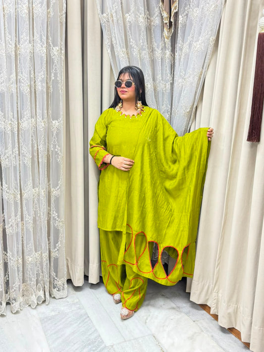 Designer Solid Cutwork Cotton Silk Farshi Suit Set with Dupatta