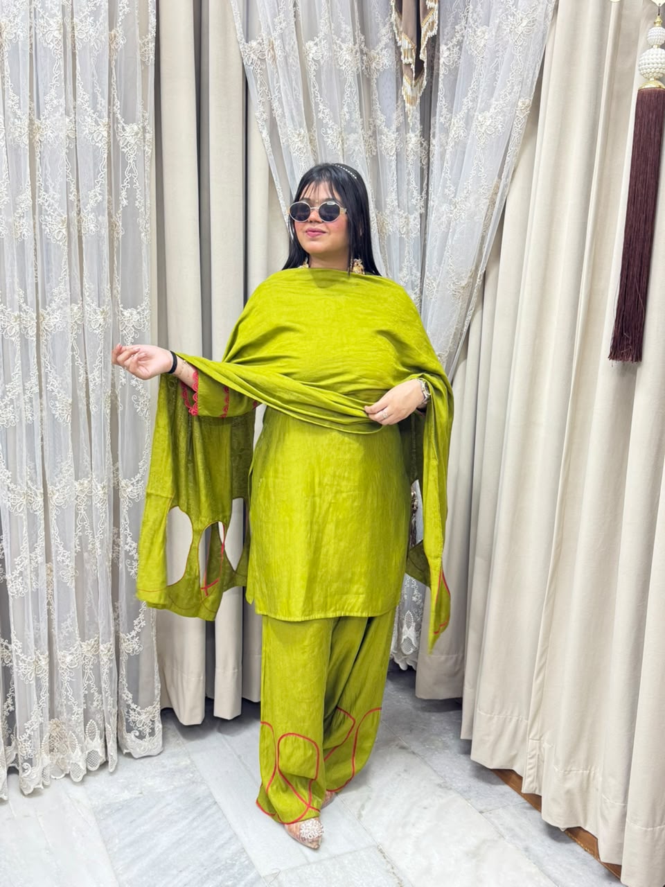 Designer Solid Cutwork Cotton Silk Farshi Suit Set with Dupatta
