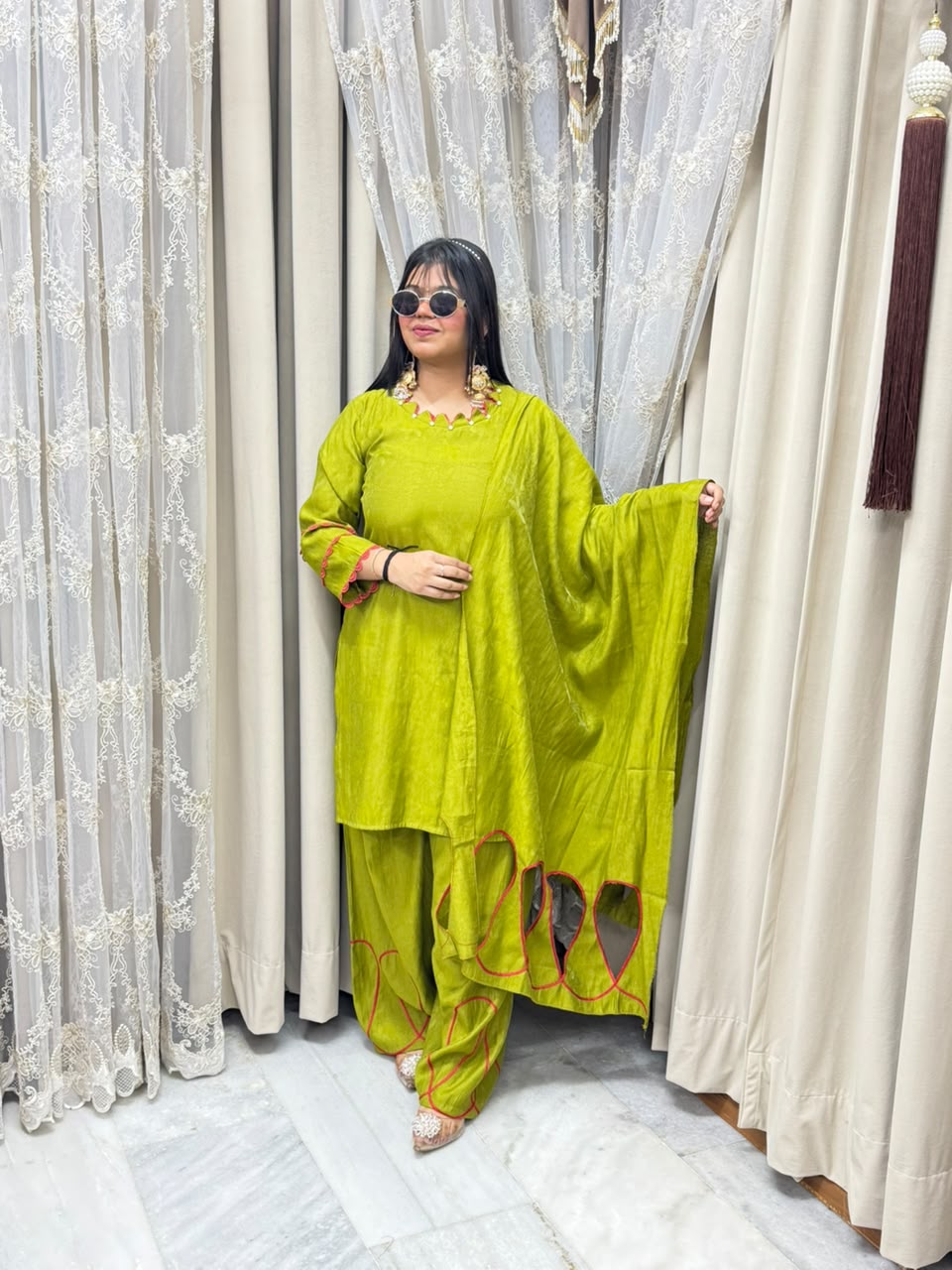 Designer Solid Cutwork Cotton Silk Farshi Suit Set with Dupatta