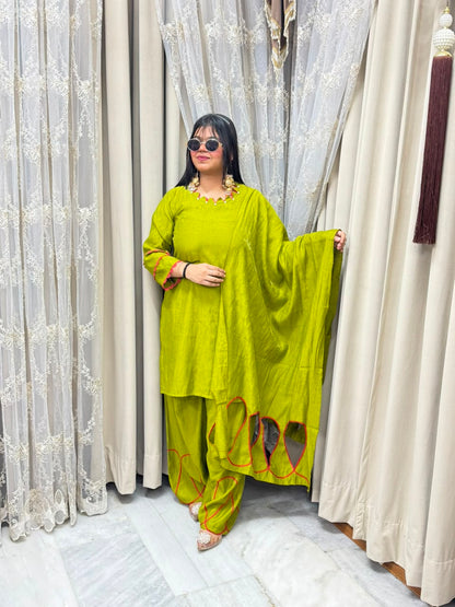Designer Solid Cutwork Cotton Silk Farshi Suit Set with Dupatta