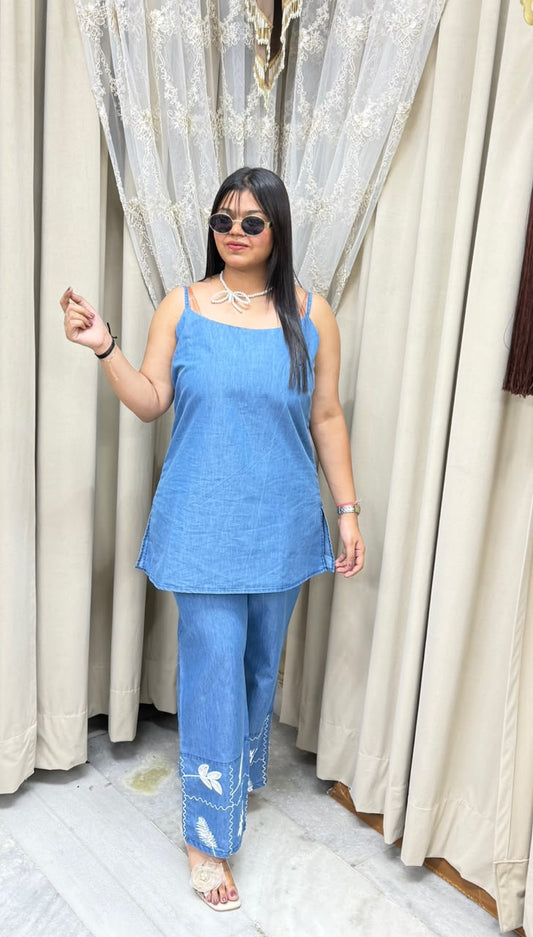 Designer 3-Piece Denim Look Co-ord Set with Embroidered Jacket