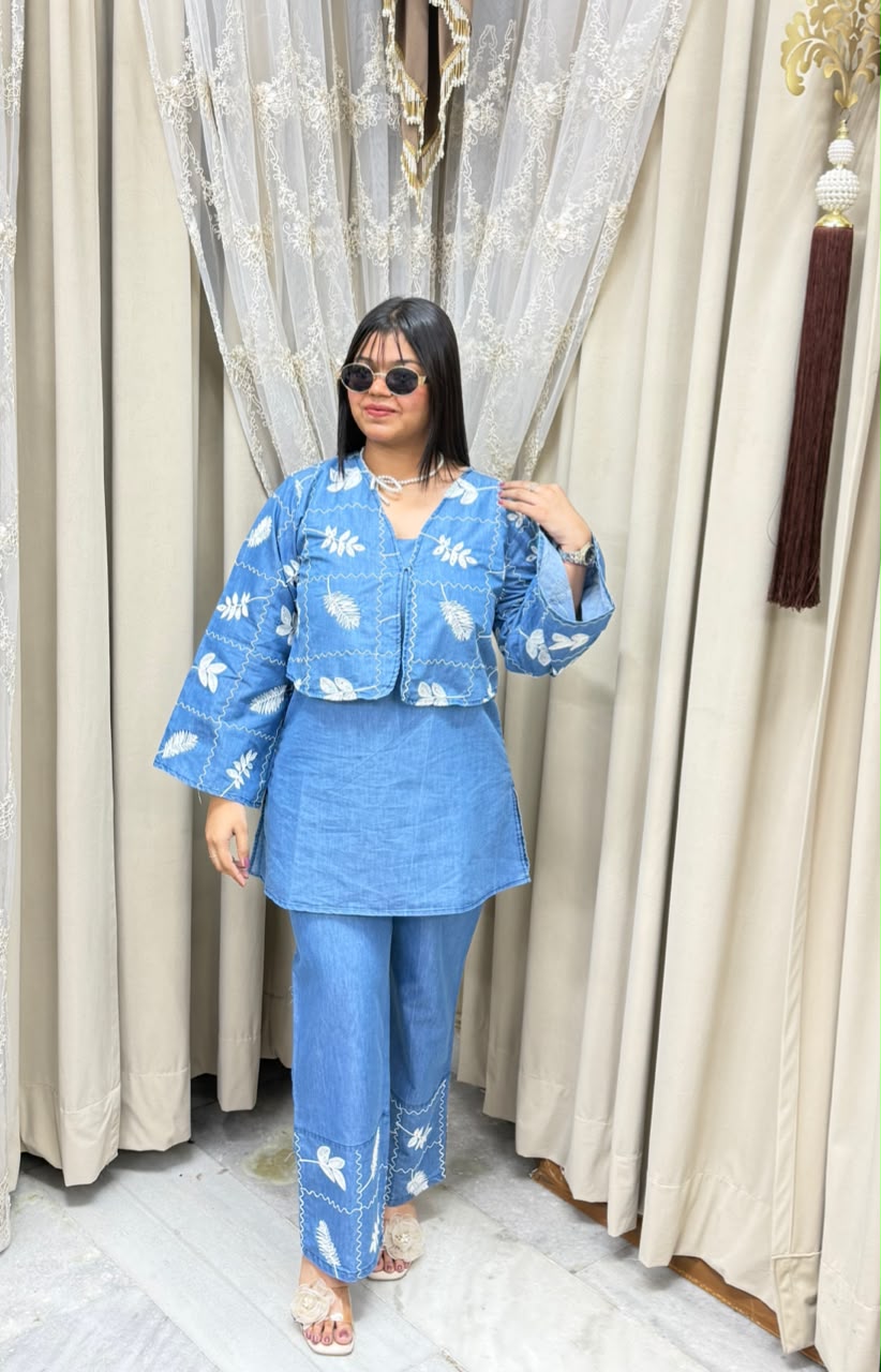 Designer 3-Piece Denim Look Co-ord Set with Embroidered Jacket