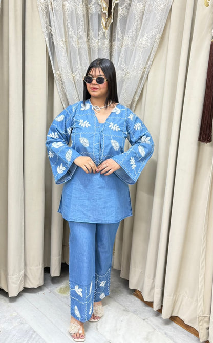 Designer 3-Piece Denim Look Co-ord Set with Embroidered Jacket