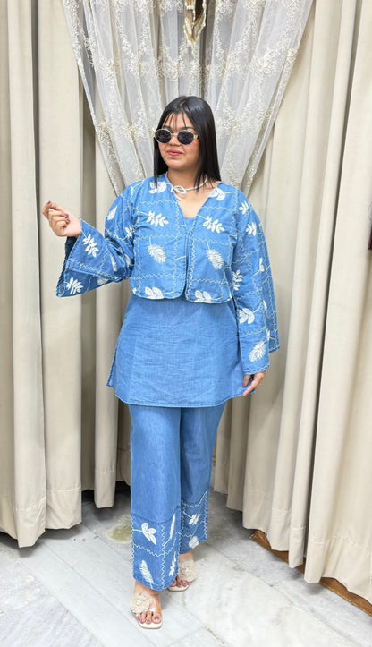 Designer 3-Piece Denim Look Co-ord Set with Embroidered Jacket