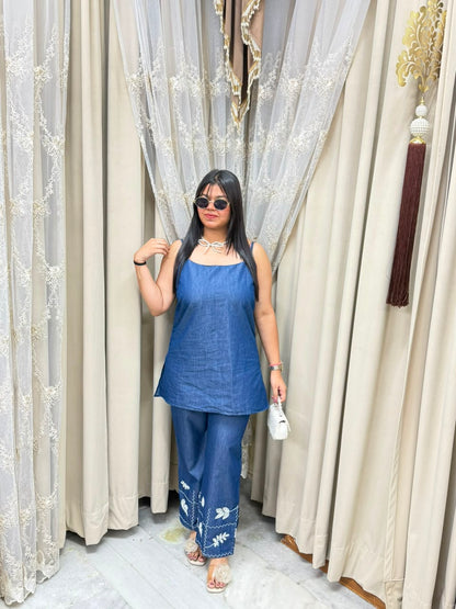 Designer 3-Piece Denim Look Co-ord Set with Embroidered Jacket