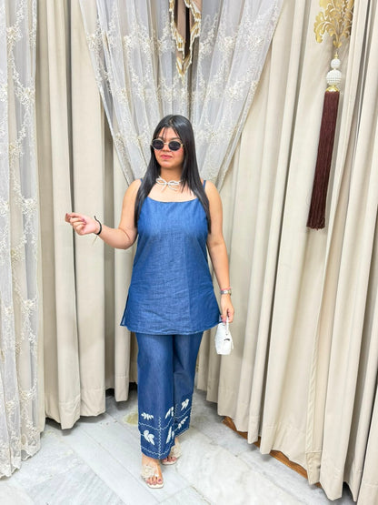 Designer 3-Piece Denim Look Co-ord Set with Embroidered Jacket
