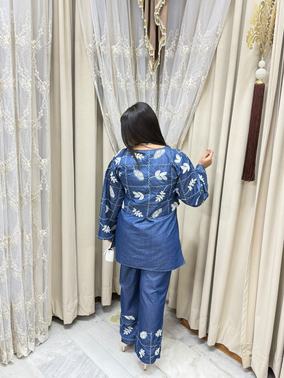 Designer 3-Piece Denim Look Co-ord Set with Embroidered Jacket