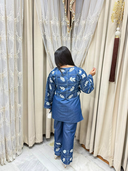 Designer 3-Piece Denim Look Co-ord Set with Embroidered Jacket