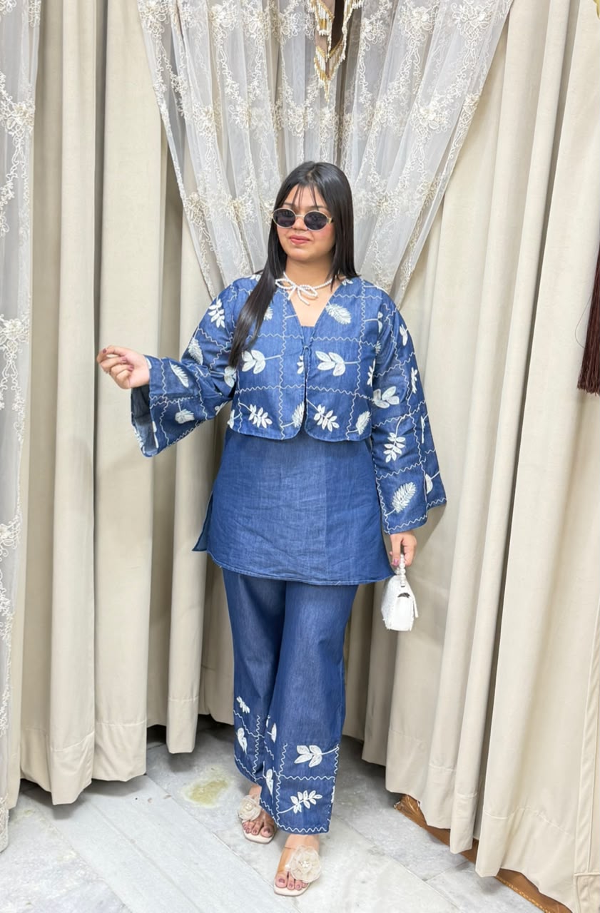 Designer 3-Piece Denim Look Co-ord Set with Embroidered Jacket