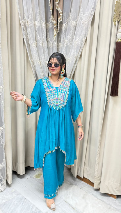 Designer Latkan Co-ord Set with Heavy Embroidered Yoke - Pure Chinon