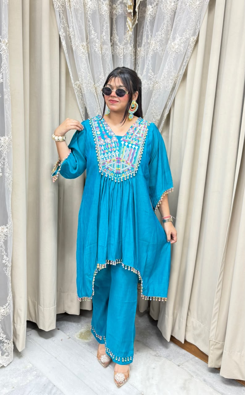 Designer Latkan Co-ord Set with Heavy Embroidered Yoke - Pure Chinon