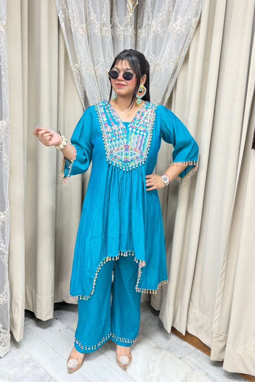 Designer Latkan Co-ord Set with Heavy Embroidered Yoke - Pure Chinon