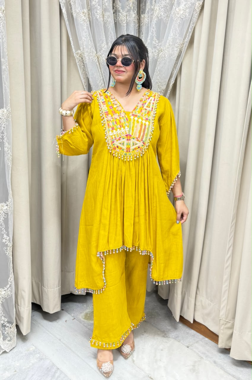 Designer Latkan Co-ord Set with Heavy Embroidered Yoke - Pure Chinon