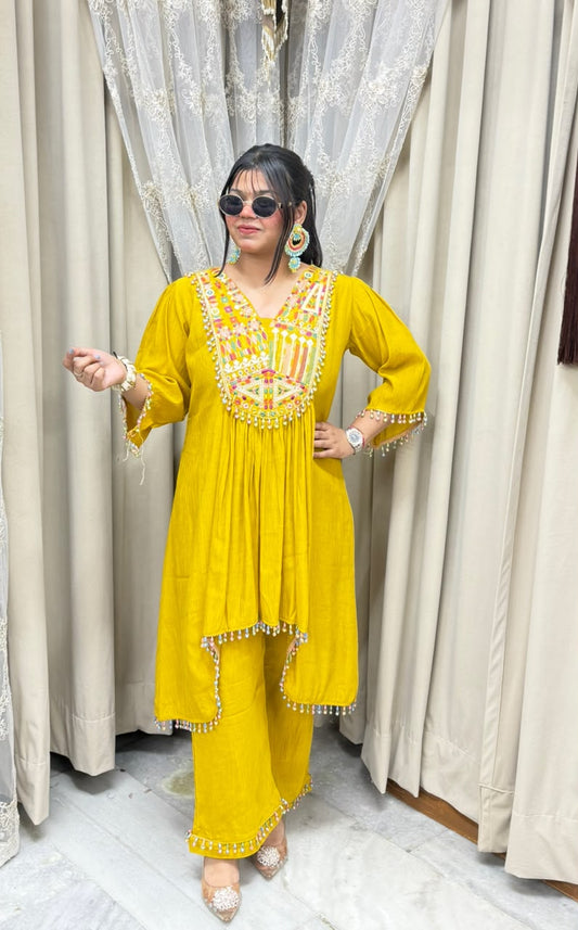 Designer Latkan Co-ord Set with Heavy Embroidered Yoke - Pure Chinon