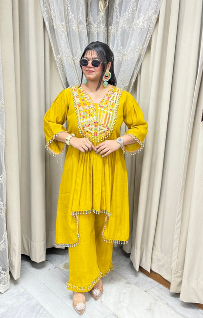 Designer Latkan Co-ord Set with Heavy Embroidered Yoke - Pure Chinon